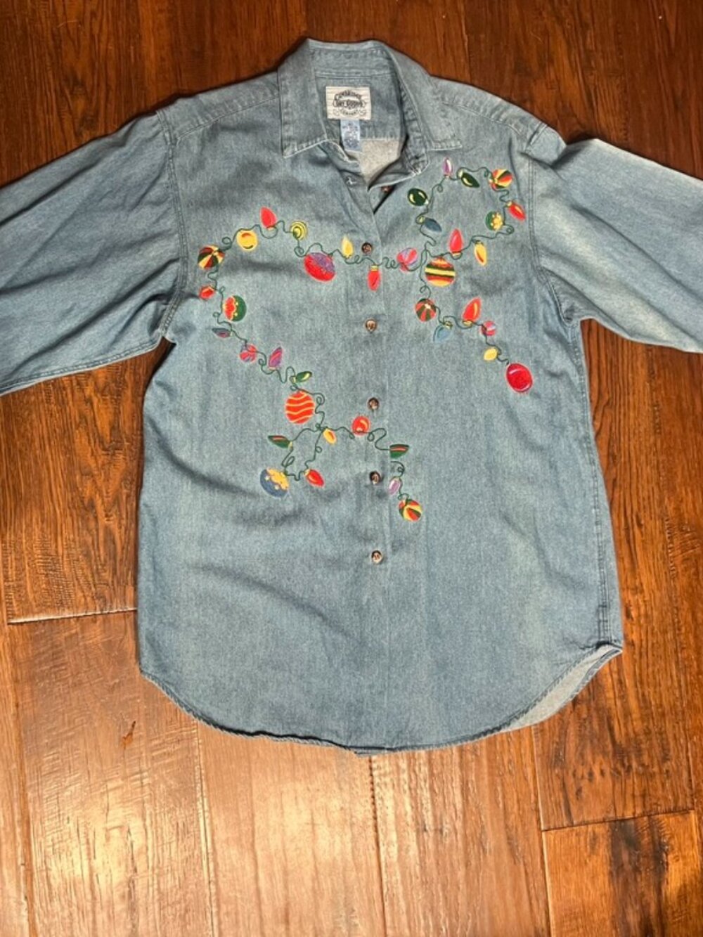 90's Vintage Holiday Embroidered Denim Button-Up Shirt